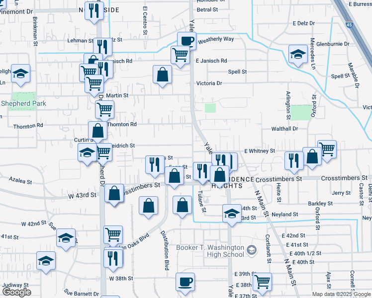 map of restaurants, bars, coffee shops, grocery stores, and more near 4429 Old Yale Street in Houston
