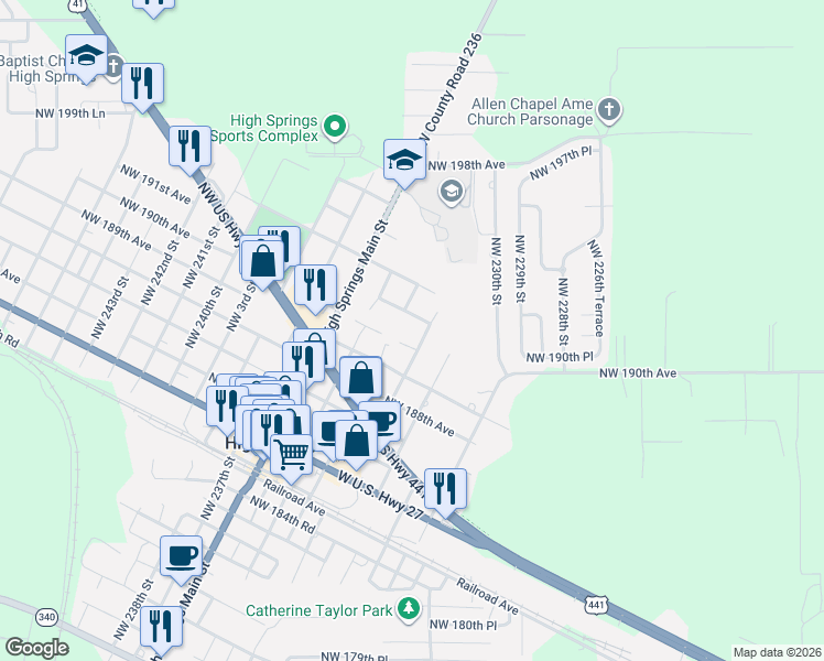 map of restaurants, bars, coffee shops, grocery stores, and more near 23363 Northwest 191st Avenue in High Springs