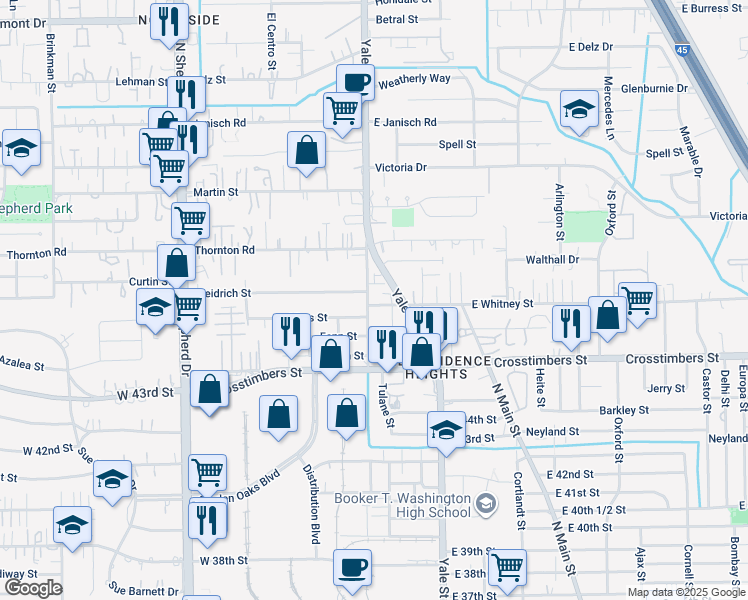 map of restaurants, bars, coffee shops, grocery stores, and more near 4429 Old Yale Street in Houston