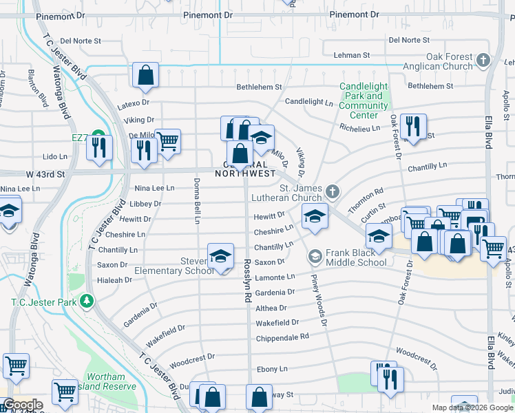 map of restaurants, bars, coffee shops, grocery stores, and more near 1710 Hewitt Drive in Houston