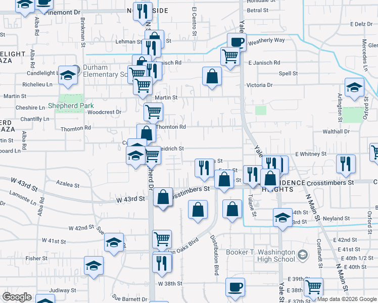map of restaurants, bars, coffee shops, grocery stores, and more near 535 Heidrich Street in Houston