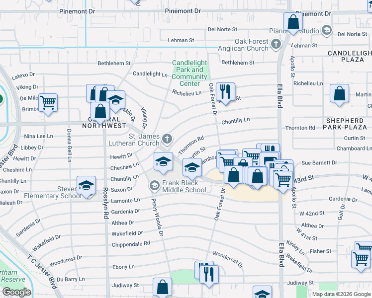 map of restaurants, bars, coffee shops, grocery stores, and more near 1450 Curtin Street in Houston