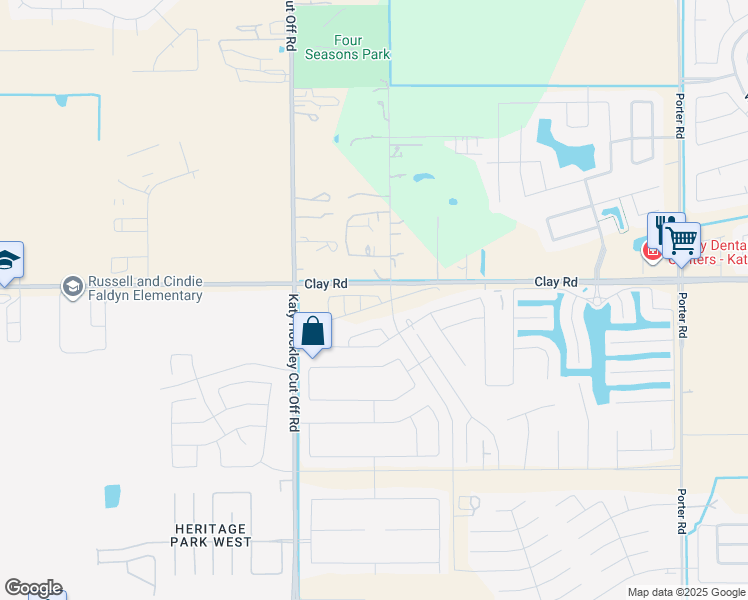 map of restaurants, bars, coffee shops, grocery stores, and more near 24737-24995 Clay Road in Katy