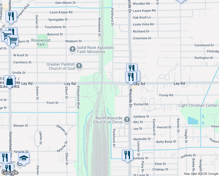 map of restaurants, bars, coffee shops, grocery stores, and more near 7738 Ley Road in Houston