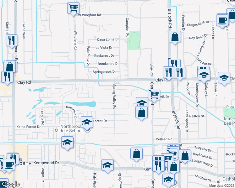 map of restaurants, bars, coffee shops, grocery stores, and more near 9607 Derrik Drive in Houston