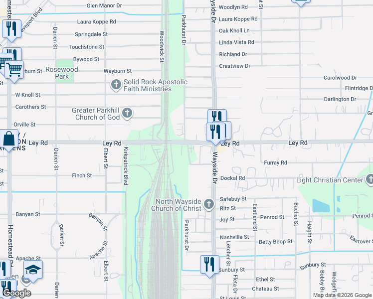 map of restaurants, bars, coffee shops, grocery stores, and more near 7738 Ley Road in Houston