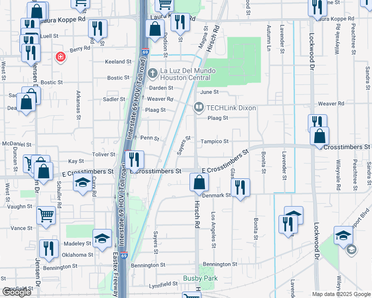 map of restaurants, bars, coffee shops, grocery stores, and more near 4117 Toliver Street in Houston