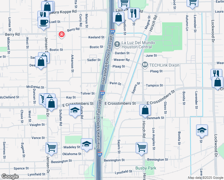 map of restaurants, bars, coffee shops, grocery stores, and more near 3520 Toliver Street in Houston