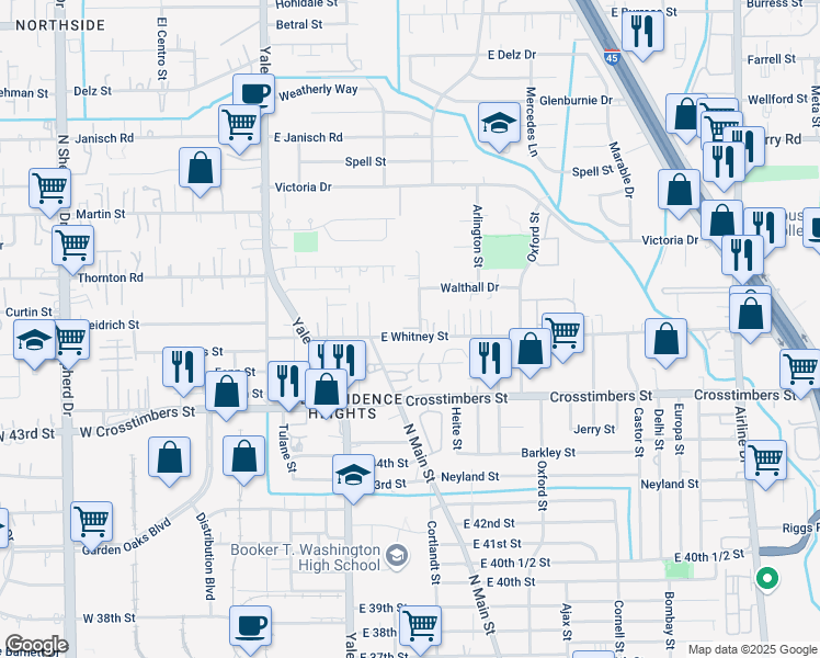 map of restaurants, bars, coffee shops, grocery stores, and more near 122 East Whitney Street in Houston