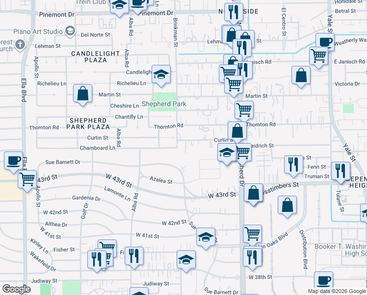 map of restaurants, bars, coffee shops, grocery stores, and more near 831 Curtin Street in Houston