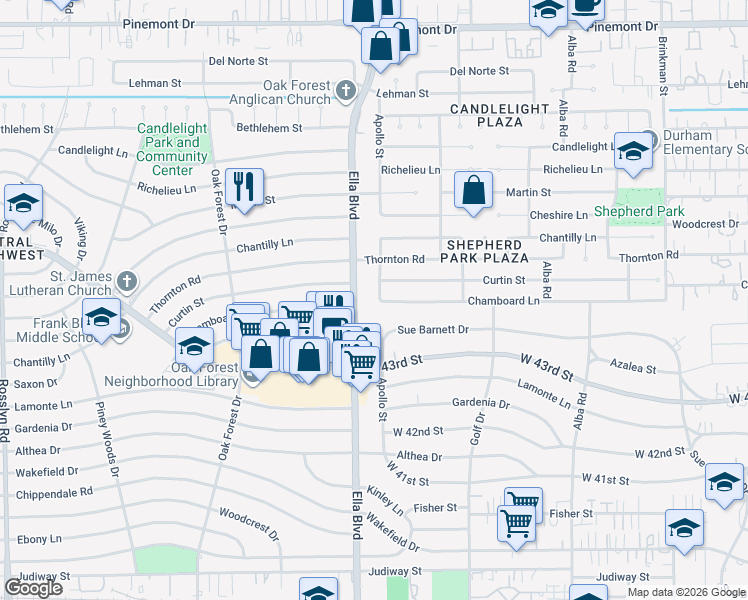 map of restaurants, bars, coffee shops, grocery stores, and more near 1187 Chamboard Lane in Houston