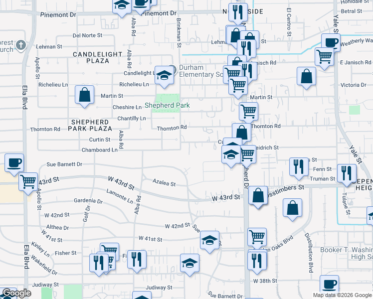 map of restaurants, bars, coffee shops, grocery stores, and more near 831 Curtin Street in Houston