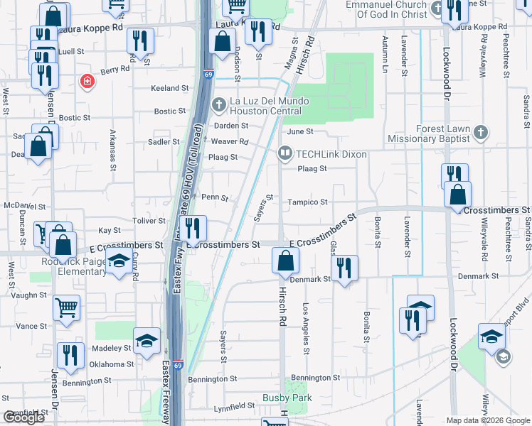 map of restaurants, bars, coffee shops, grocery stores, and more near 4117 Toliver Street in Houston