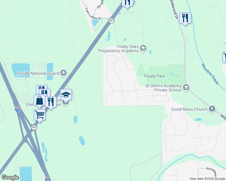 map of restaurants, bars, coffee shops, grocery stores, and more near 74 Tumbled Stone Way in St. Augustine