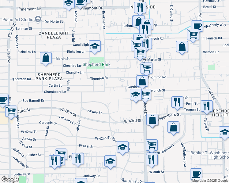 map of restaurants, bars, coffee shops, grocery stores, and more near 831 Curtin Street in Houston