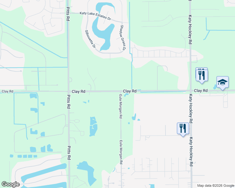 map of restaurants, bars, coffee shops, grocery stores, and more near 26633 Clay Road in Katy