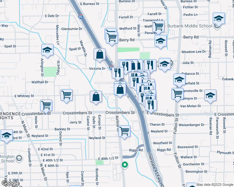 map of restaurants, bars, coffee shops, grocery stores, and more near Airline Dr & E Whitney St in Houston