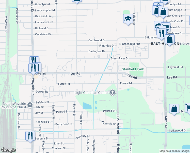 map of restaurants, bars, coffee shops, grocery stores, and more near 8318 Ley Road in Houston