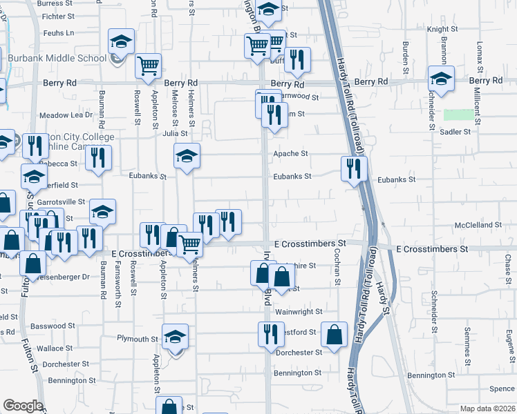 map of restaurants, bars, coffee shops, grocery stores, and more near 725 Caperton Street in Houston