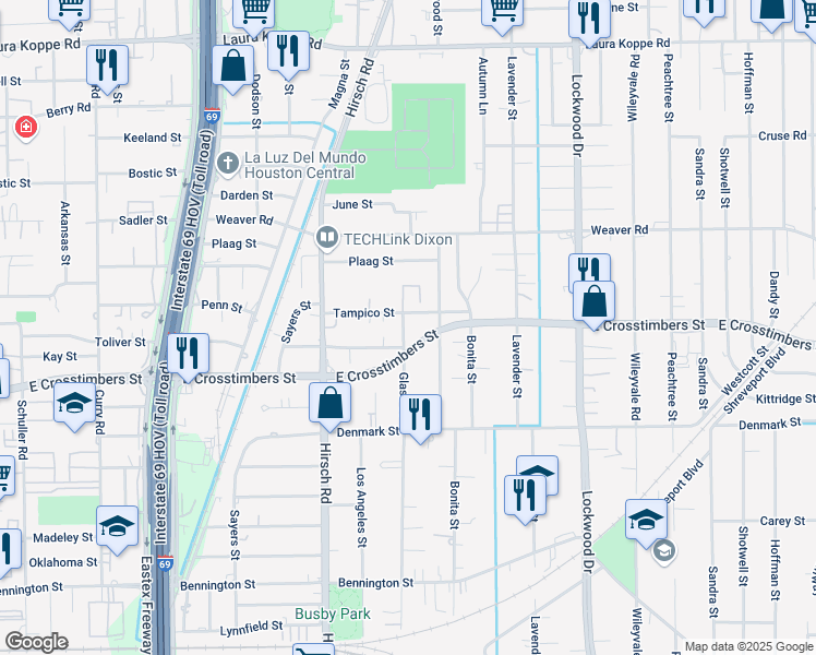 map of restaurants, bars, coffee shops, grocery stores, and more near 7721 Pointer Street in Houston