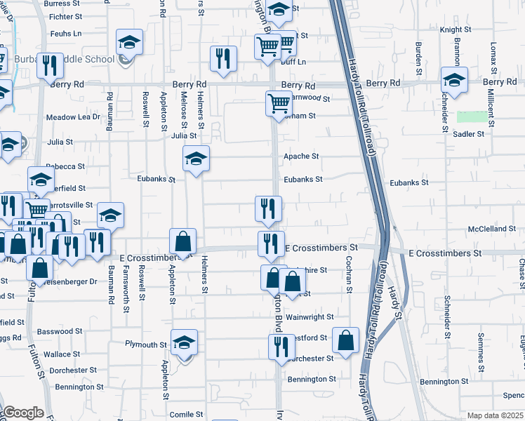 map of restaurants, bars, coffee shops, grocery stores, and more near 725 Caperton Street in Houston