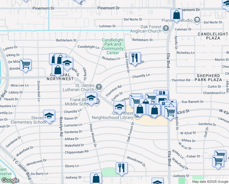 map of restaurants, bars, coffee shops, grocery stores, and more near 1450 Curtin Street in Houston