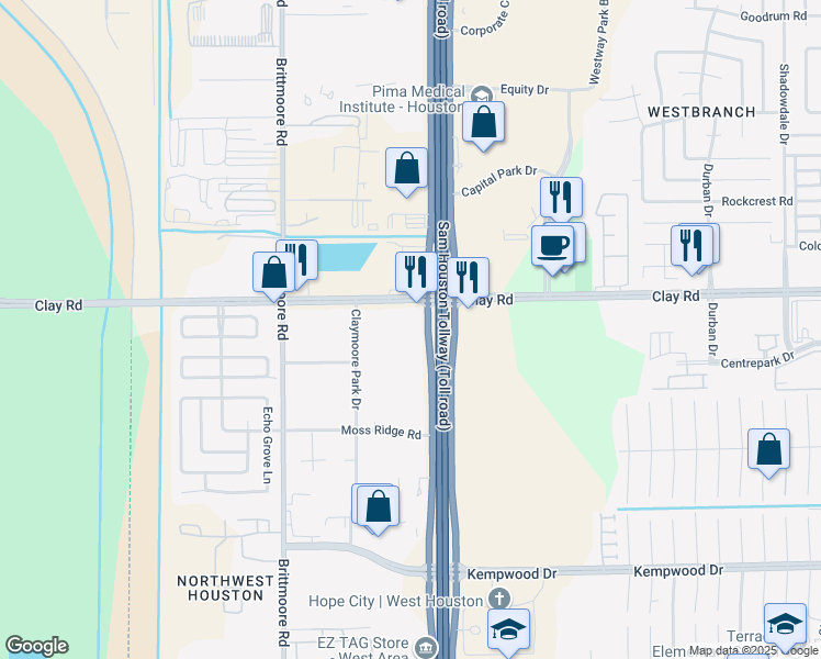 map of restaurants, bars, coffee shops, grocery stores, and more near 4333 West Sam Houston Parkway North in Houston