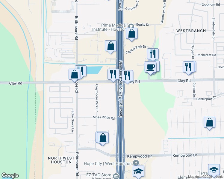 map of restaurants, bars, coffee shops, grocery stores, and more near 4333 West Sam Houston Parkway North in Houston