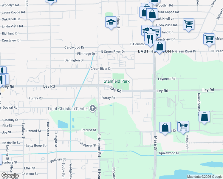 map of restaurants, bars, coffee shops, grocery stores, and more near 8542 Ley Road in Houston