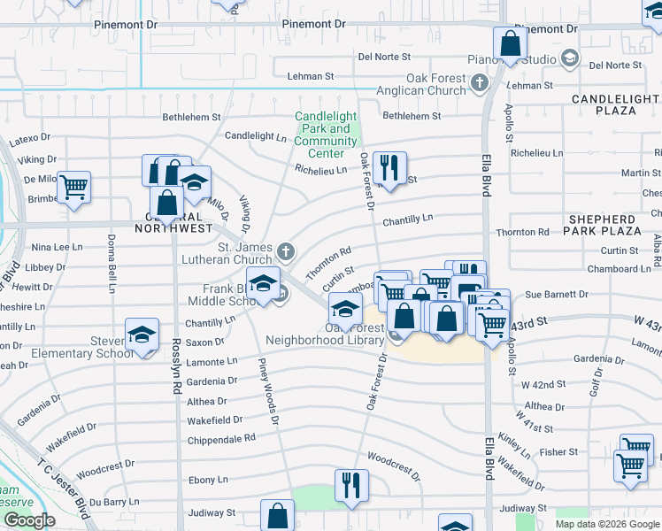 map of restaurants, bars, coffee shops, grocery stores, and more near 1450 Curtin Street in Houston
