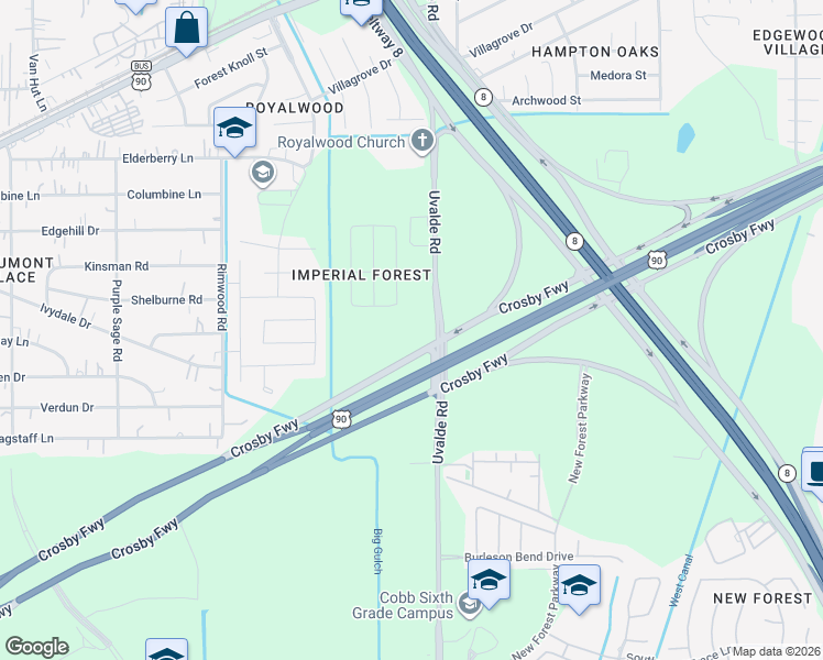 map of restaurants, bars, coffee shops, grocery stores, and more near U.S. 90 Frontage in Houston