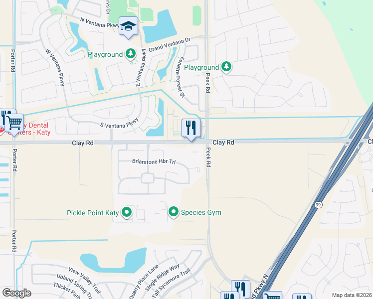 map of restaurants, bars, coffee shops, grocery stores, and more near 23053 Clay Road in Katy