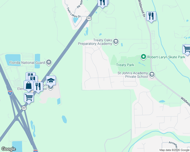 map of restaurants, bars, coffee shops, grocery stores, and more near 214 Sandstone Drive in St. Augustine