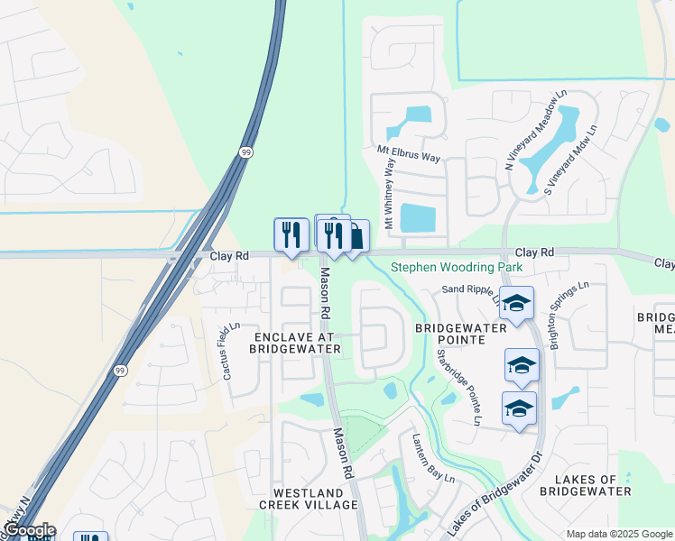 map of restaurants, bars, coffee shops, grocery stores, and more near 21745 Clay Road in Katy