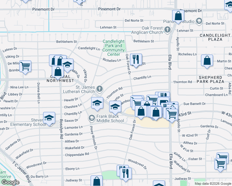 map of restaurants, bars, coffee shops, grocery stores, and more near 1450 Curtin Street in Houston