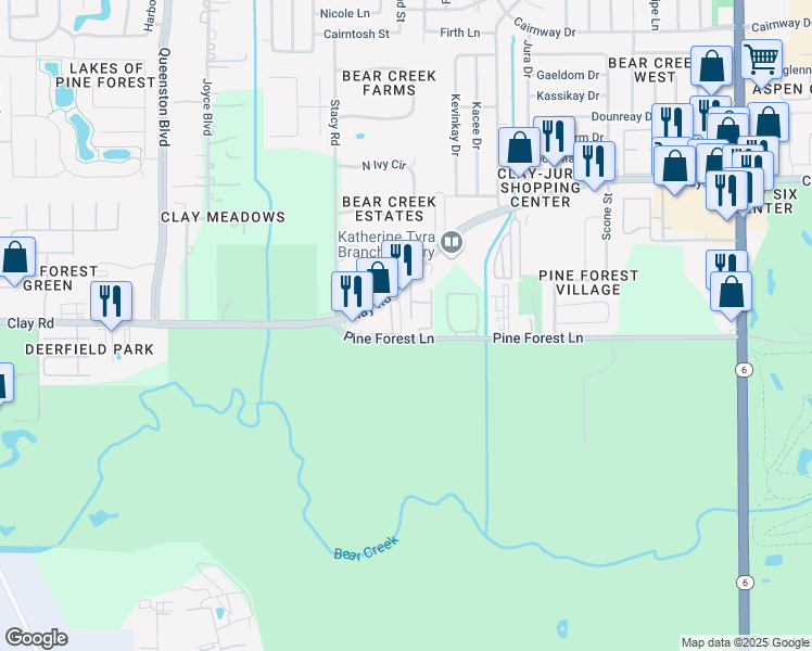 map of restaurants, bars, coffee shops, grocery stores, and more near 16874-17070 Pine Forest Lane in Houston