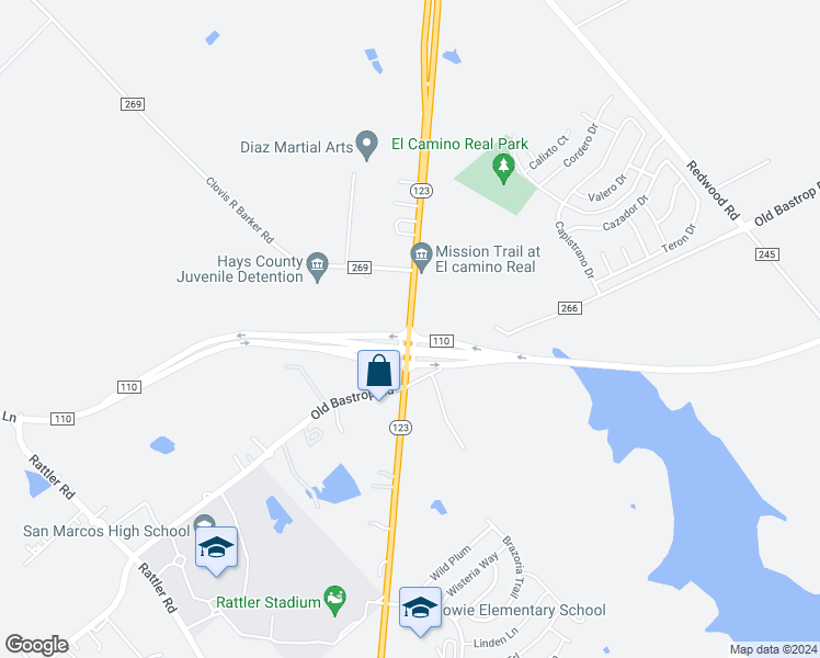 map of restaurants, bars, coffee shops, grocery stores, and more near 3168-3188 Guadalupe Street in San Marcos