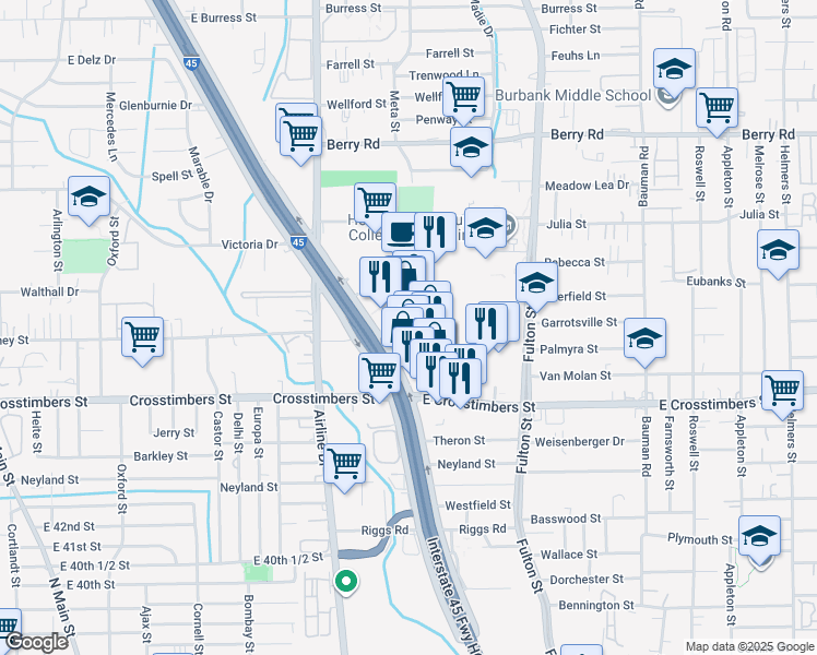 map of restaurants, bars, coffee shops, grocery stores, and more near 4400 North Freeway in Houston