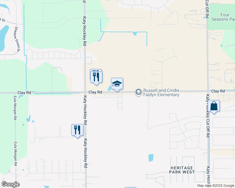 map of restaurants, bars, coffee shops, grocery stores, and more near 25737 Clay Road in Katy