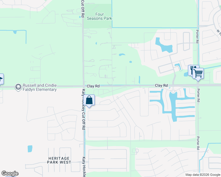 map of restaurants, bars, coffee shops, grocery stores, and more near 24737-24995 Clay Road in Katy