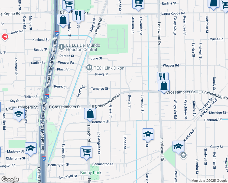 map of restaurants, bars, coffee shops, grocery stores, and more near 7820 Glass Street in Houston