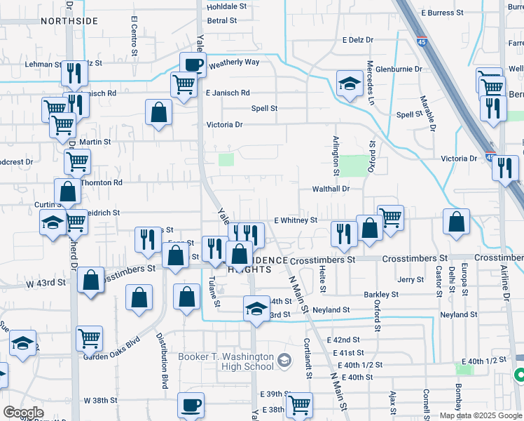 map of restaurants, bars, coffee shops, grocery stores, and more near 4518 Pecan Park Circle in Houston