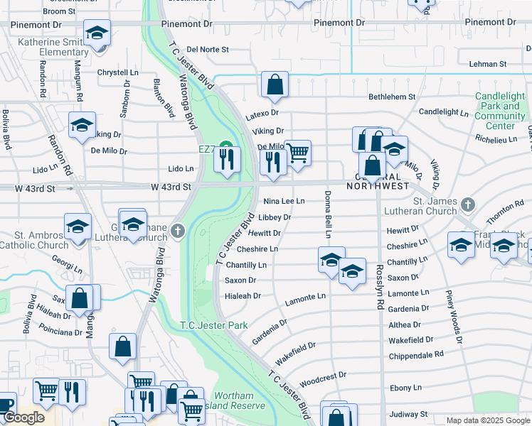 map of restaurants, bars, coffee shops, grocery stores, and more near 2219 Libbey Drive in Houston