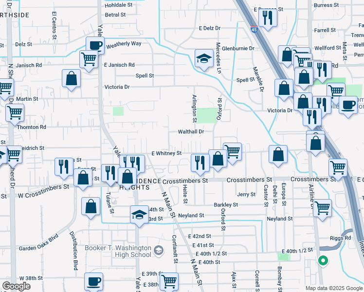 map of restaurants, bars, coffee shops, grocery stores, and more near 320 East Whitney Street in Houston