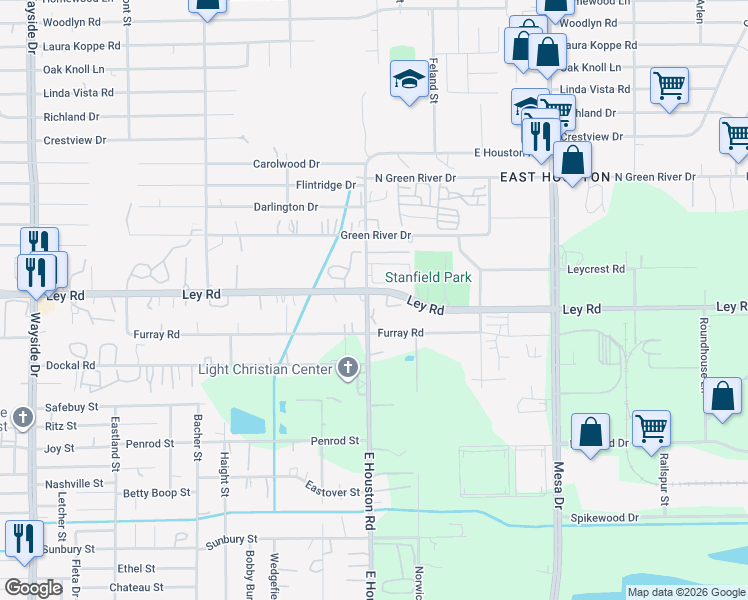 map of restaurants, bars, coffee shops, grocery stores, and more near 7502 East Houston Road in Houston
