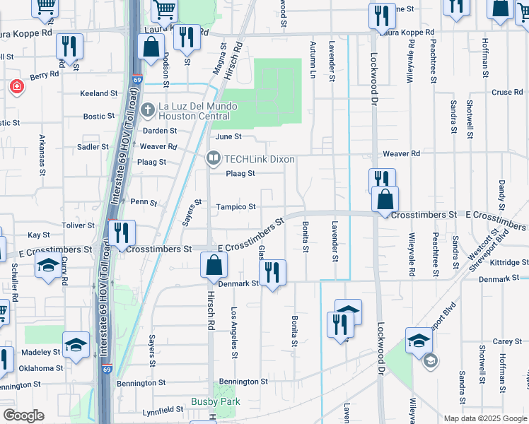 map of restaurants, bars, coffee shops, grocery stores, and more near 7721 Pointer Street in Houston