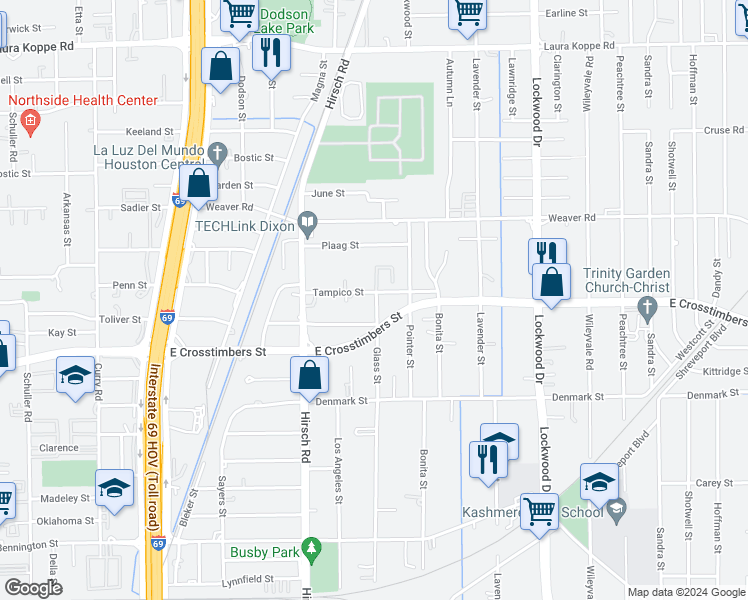 map of restaurants, bars, coffee shops, grocery stores, and more near 4325 Toliver Street in Houston
