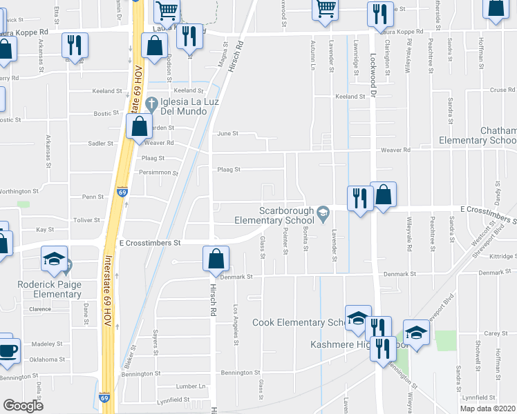 map of restaurants, bars, coffee shops, grocery stores, and more near 4325 Toliver Street in Houston