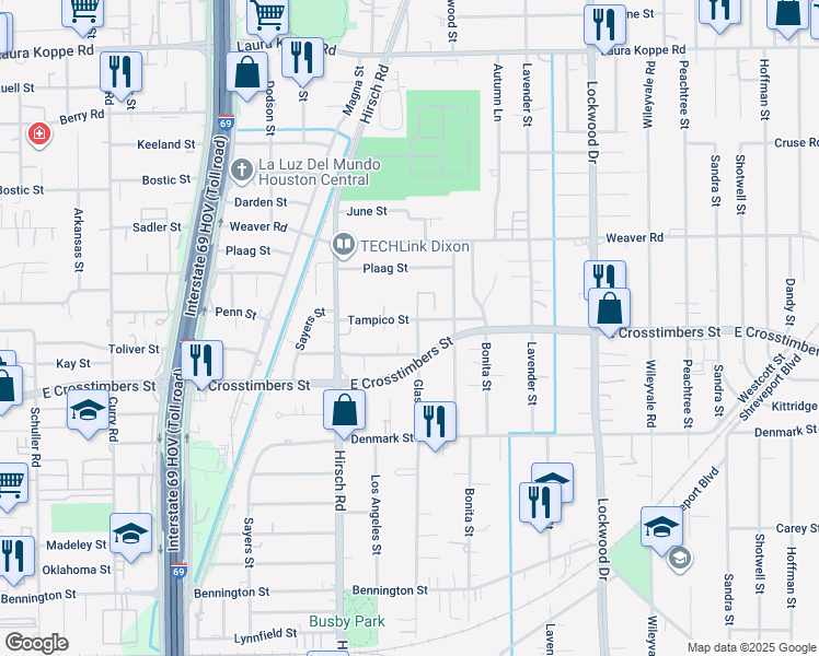 map of restaurants, bars, coffee shops, grocery stores, and more near 4325 Toliver Street in Houston