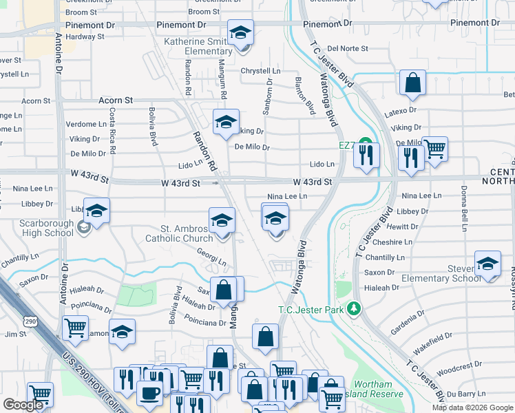 map of restaurants, bars, coffee shops, grocery stores, and more near 4621 Libbey Drive in Houston